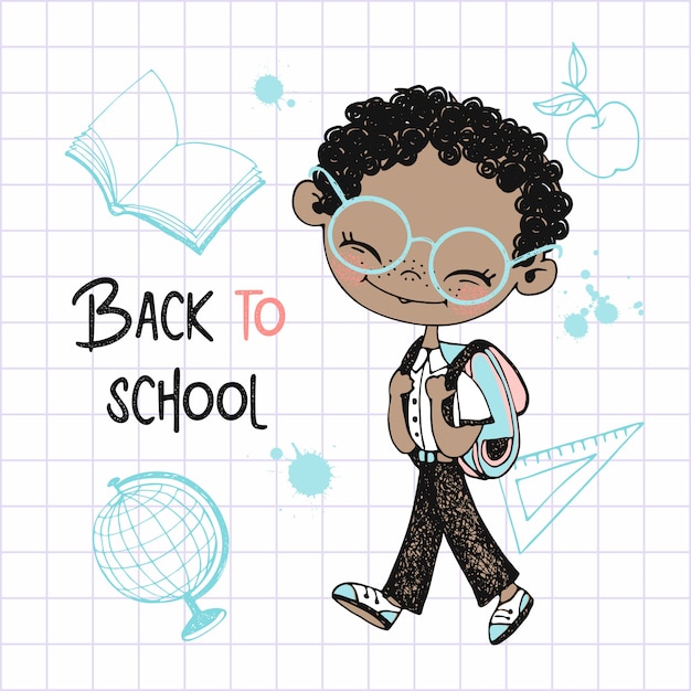 Vecteur un joli garçon à la peau sombre avec un sac à dos scolaire va à l'école. retour à l'école.