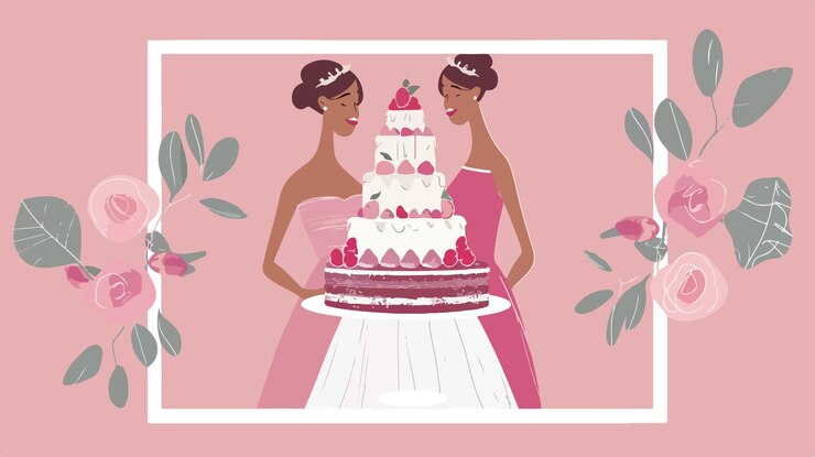 Vecteur joli gâteau de mariage avec des demoiselles d'honneur