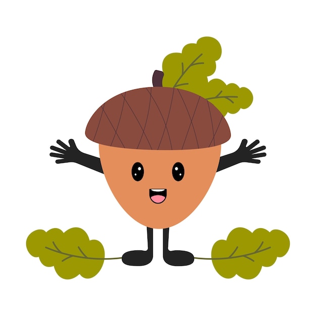 Joli Gland Kawaii Avec Des Yeux, Des Emoji Souriants, Des Mains Et Des Jambes. Illustration Vectorielle De Conception Plate