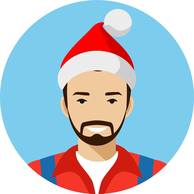 Joli Homme Adulte Souriant Avec Barbe Et Moustache En Chapeau De Père Noël En Illustration Vectorielle De Style Plat