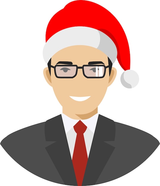 Joli Homme Adulte Souriant Avec Des Lunettes En Costume Et Chapeau De Père Noël En Illustration Vectorielle De Style Plat