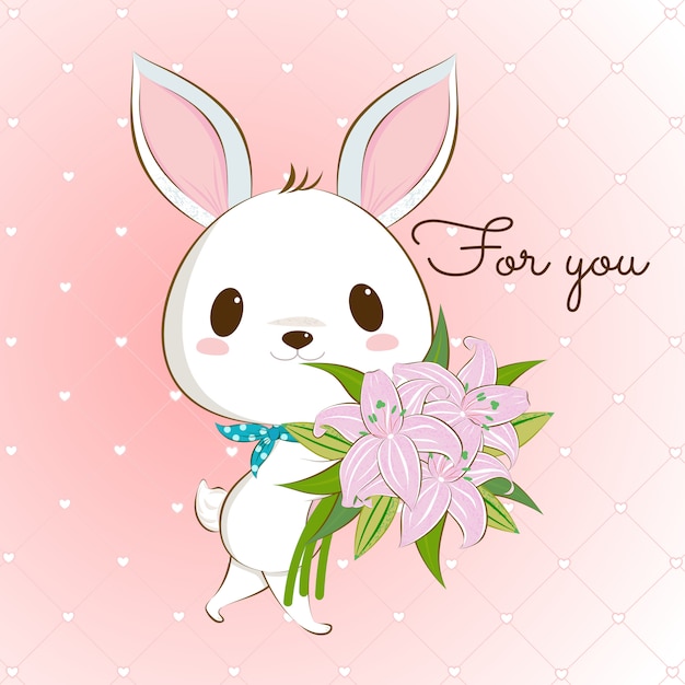 Joli Lapin Blanc Avec Bouquet De Lys