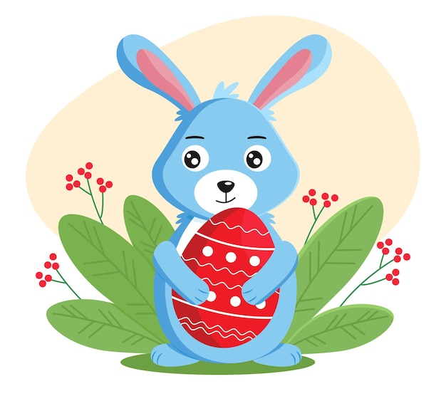 Joli Lapin Bleu Avec Oeuf De Pâques Et éléments Floraux. Illustration Vectorielle