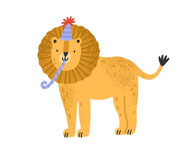 Joli Lion Enfantin En Chapeau Conique Avec Illustration Plate De Vecteur De Tuyau Festif. Animal Drôle Célébrant Des Vacances Ou Un Anniversaire Isolé Sur Blanc. Personnage Félin Avec Une Crinière Moelleuse Pour Une Fête Festive.