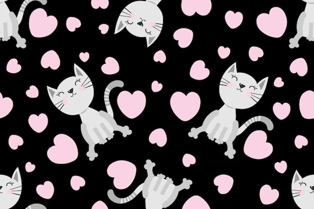 Joli modèle sans couture avec des chats gris minou dessinés à la main et des coeurs roses Motif pour t-shirt textile tissu carte d'affiche web et autre conception