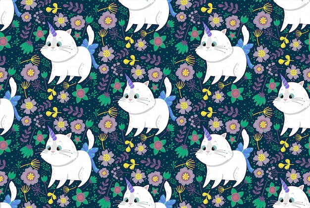 Joli Modèle Sans Couture Avec La Licorne De Chat, Les Plantes Et Les Fleurs.