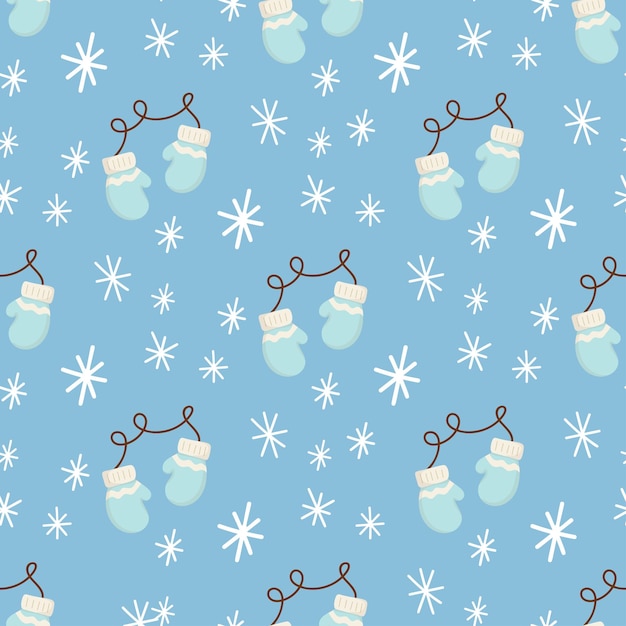 Joli modèle sans couture de Noël avec des mitaines de Noël et des flocons de neige Illustration vectorielle dessinée à la main