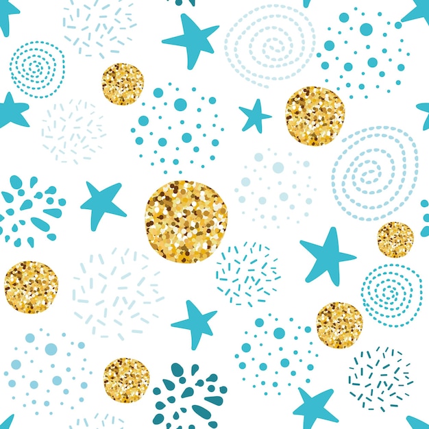 Joli Modèle Sans Couture à Pois étoiles Ornement Abstrait Décoré Paillettes Doré Bleu éléments Dessinés à La Main Illustration Vectorielle Pour Fond De Douche De Bébé Garçon Fond D'écran De Noël Papier D'hiver Enneigé