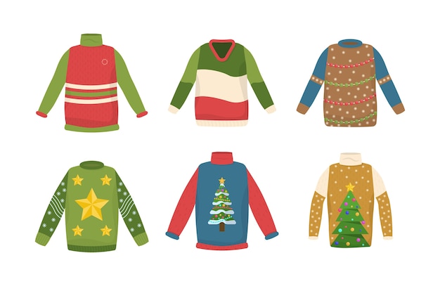 Joli Modèle Sans Couture Avec Des Pulls De Noël Laids. Usure Amusante Du Nouvel An. Pull De Noël Fait Main De Collection. Peut être Utilisé Pour L'invitation à Une Fête, Carte De Voeux, Conception De Sites Web.