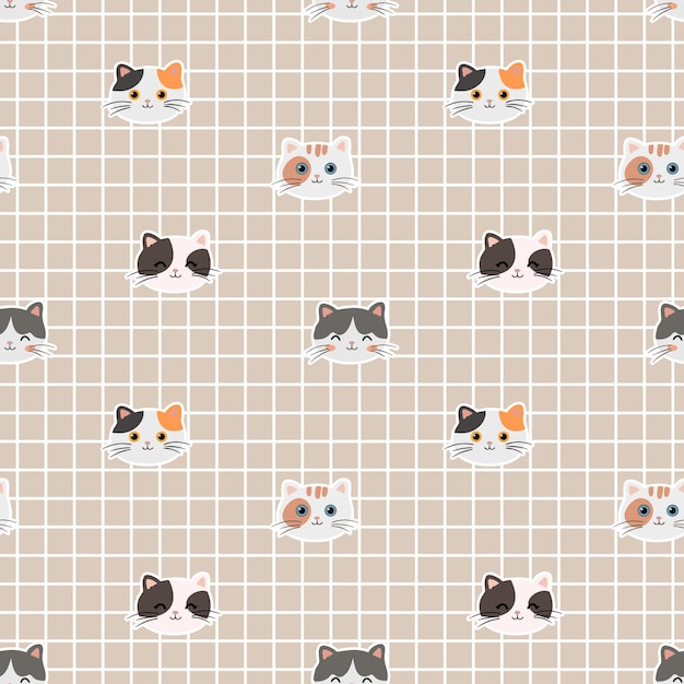 Joli Motif Avec Des Chats Sur Fond Beige à Carreaux Texture Transparente Vectorielle Pour La Conception De Papier D'emballage En Tissu Pour Enfants