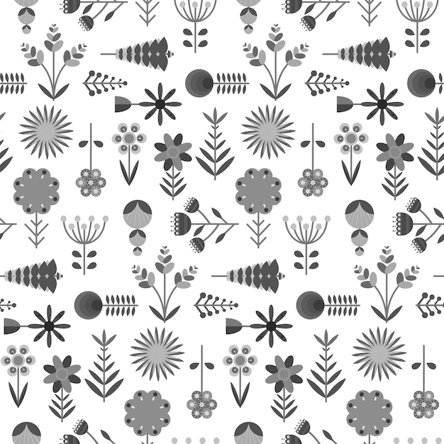 Vecteur joli motif monochrome sans couture avec des fleurs abstraites simples à vecteur plat texture florale noire gris et blanche pour la surface de conception d'impression de papier d'emballage textile