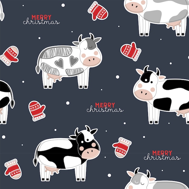 Joli Motif De Noël Sans Couture Avec Des Vaches. Année Du Taureau. Nouvel An. Joyeux Noël.