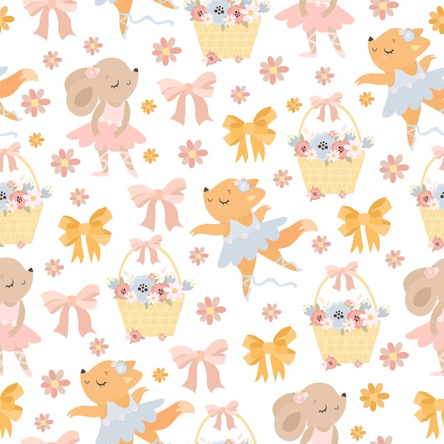 Joli Motif Pastel Avec Des Animaux Et Des Fleurs Dansants