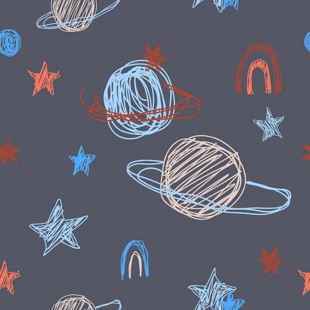 Joli Motif Avec Des Planètes Colorées, Des étoiles Dans L'espace. Cosmos De Doodle Bleu Pastel. Textiles Pour Bébé