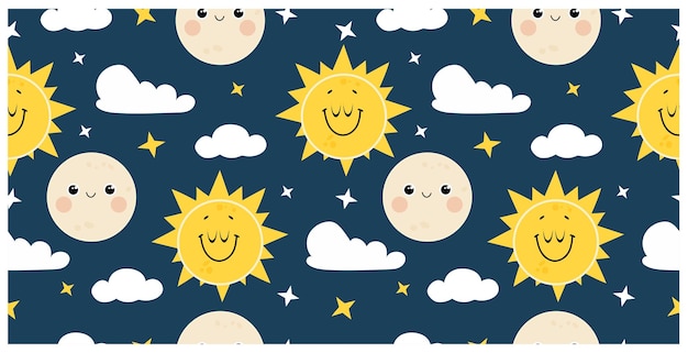 Un Joli Motif Sans Couture Avec La Lune Et Le Soleil Souriants Conception Vectorielle Pour Les Enfants D'affiche De Pépinière T-shirts