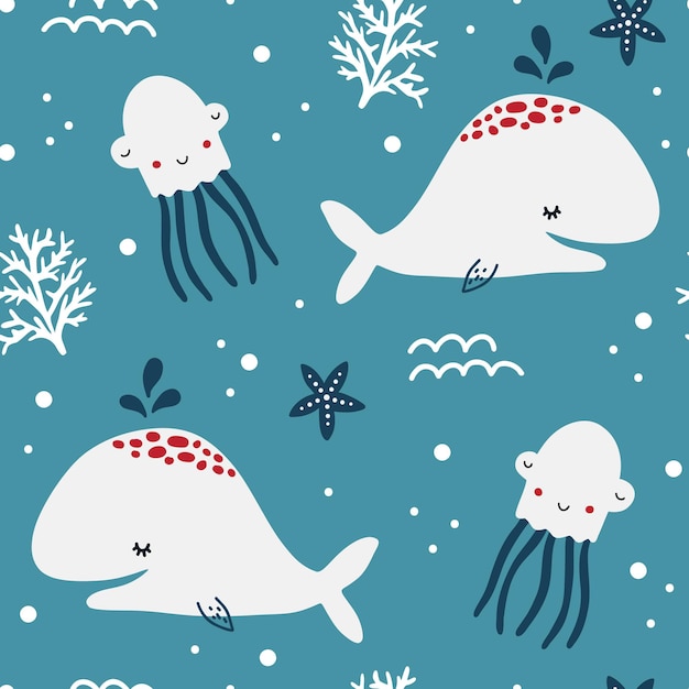 Vecteur joli motif sans couture avec des poulpes baleines créatives et colorées
