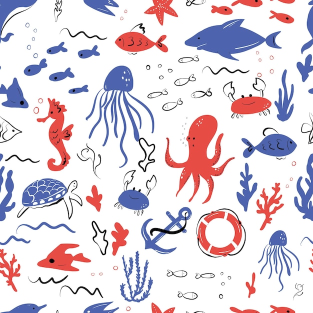 Joli motif sans couture sur le thème des animaux marins Vie marine dessinée à la main Illustration vectorielle