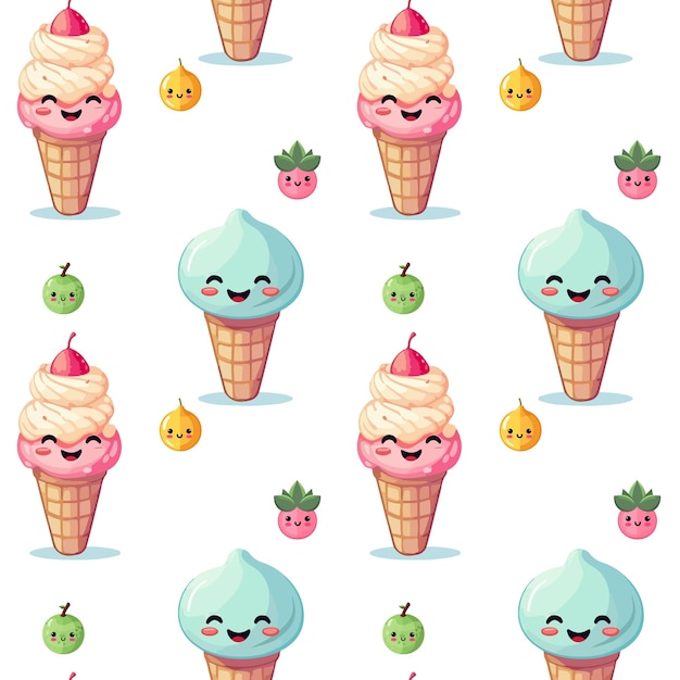 Joli motif vectoriel avec des personnages de crème glacée souriants et des baies sur fond blanc