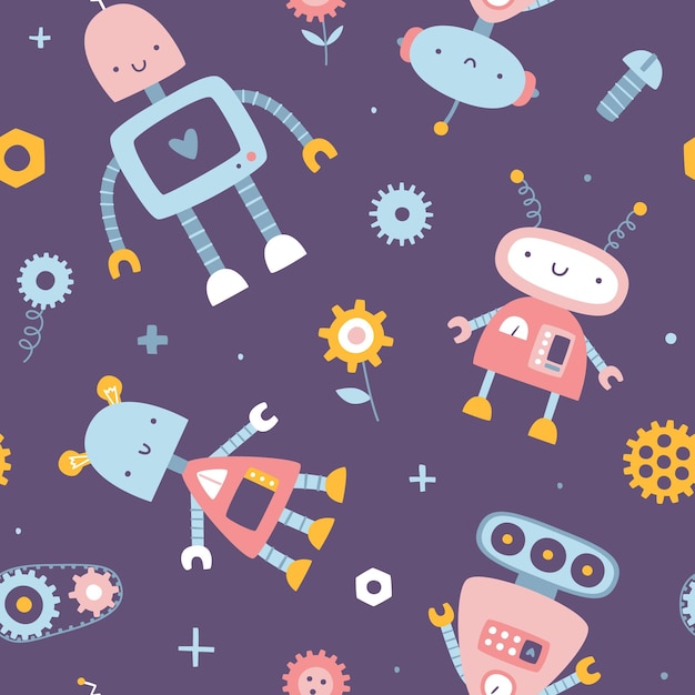 Joli motif violet avec des robots féminins pour enfants imprimé vectoriel scandinave sans couture