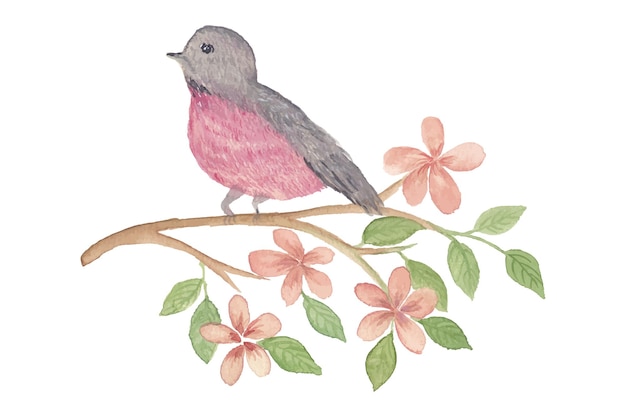 Joli oiseau peint à la main sur des fleurs en fleurs et une branche de feuilles vertes