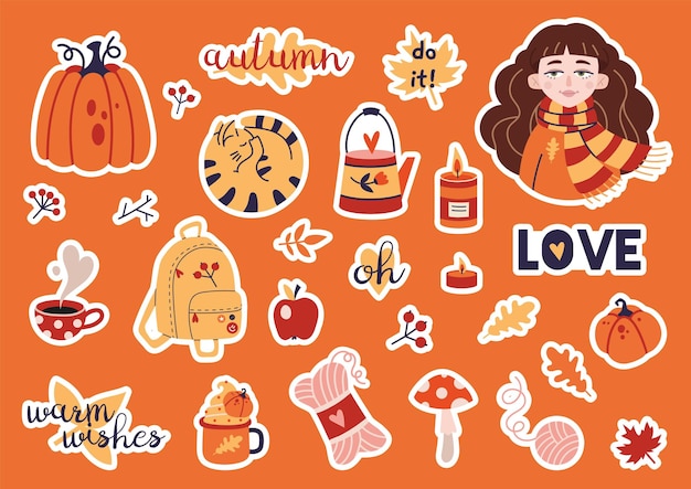 Joli pack d'autocollants avec des éléments d'automne confortables et un style de dessin animé de lettrage tendance Ensemble d'autocollants pour planificateur et agendas illustration vectorielle à plat Décorations pour carnet de notes bullet journal