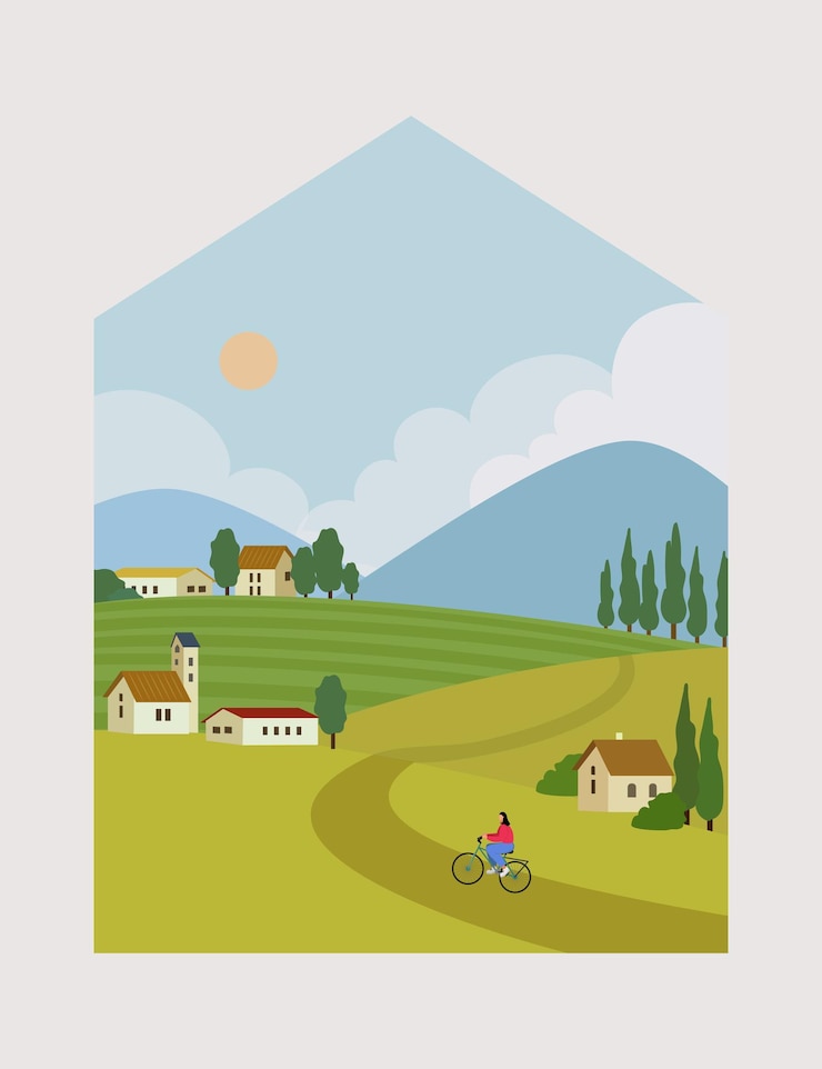 Vecteur joli paysage avec un village dans les montagnes et une fille sur un vélo