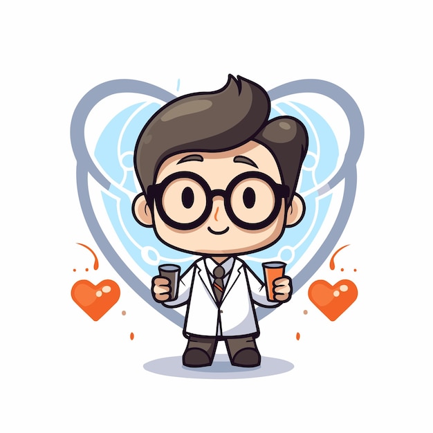 Vecteur joli personnage de dessin animé de docteur avec dessin d'illustration vectorielle de tasse de café