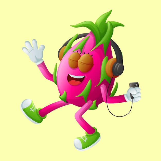 Joli Personnage De Fruit Du Dragon écoutant De La Musique