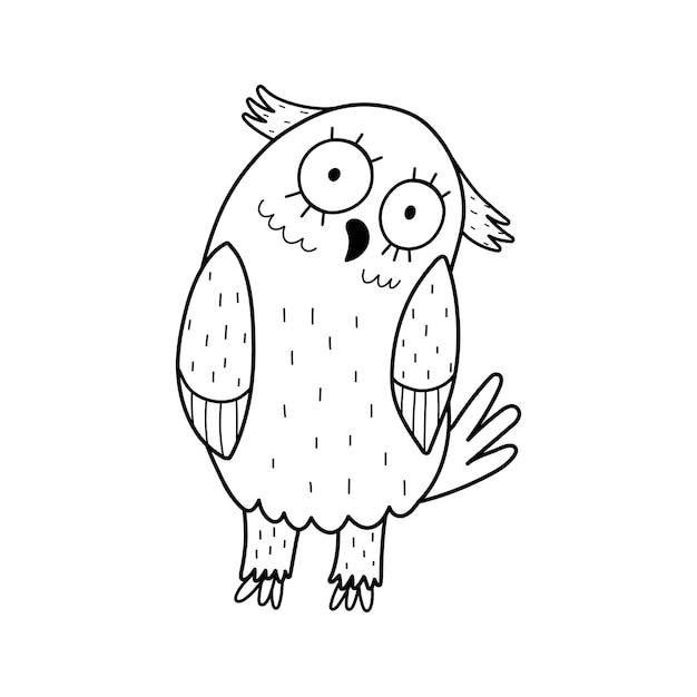 Joli personnage de hibou noir et blanc en style dessin animé Coloriage d'oiseau drôle Impression de hibou Doodle