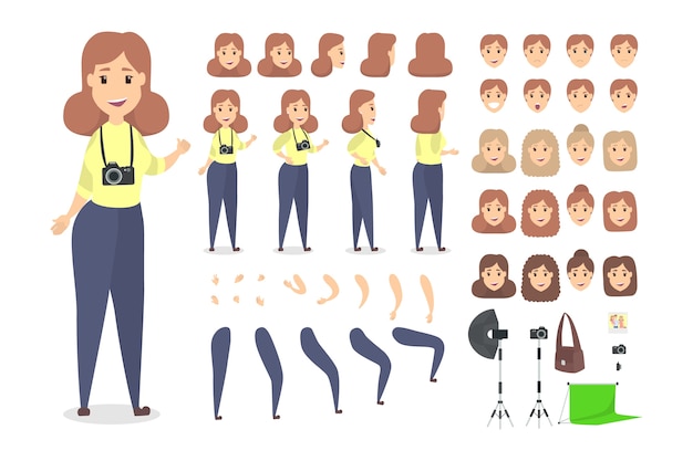 Vecteur joli personnage de photographe féminin défini pour l'animation avec diverses vues, coiffures, émotions, poses et gestes. différents équipements tels que caméra et softbox. illustration vectorielle isolé