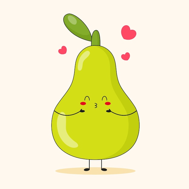 Joli Personnage De Poire Verte Amoureux Sur Fond Blanc. Bonne Poire Kawaii. Illustration Vectorielle Plane.