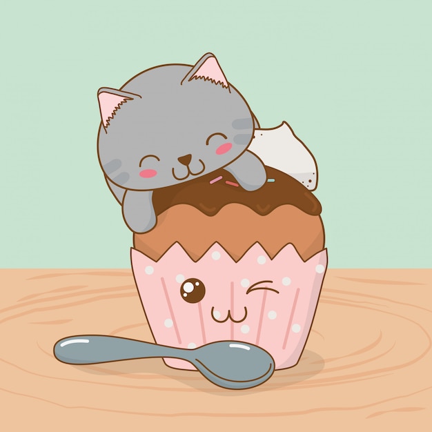 Joli Petit Chat Avec Personnage De Cupcake Kawaii