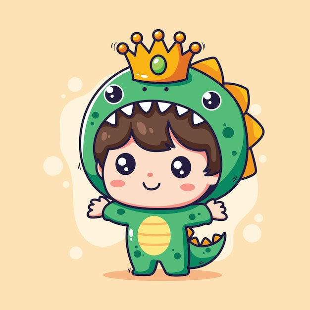 joli petit garçon costume de dinosaure et illustration vectorielle de la couronne