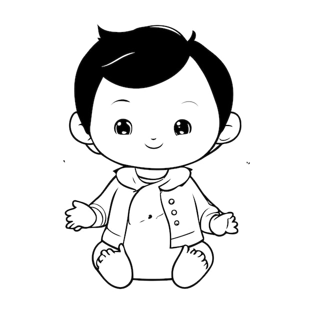 joli petit garçon de dessin animé vectoriel illustration graphique en noir et blanc