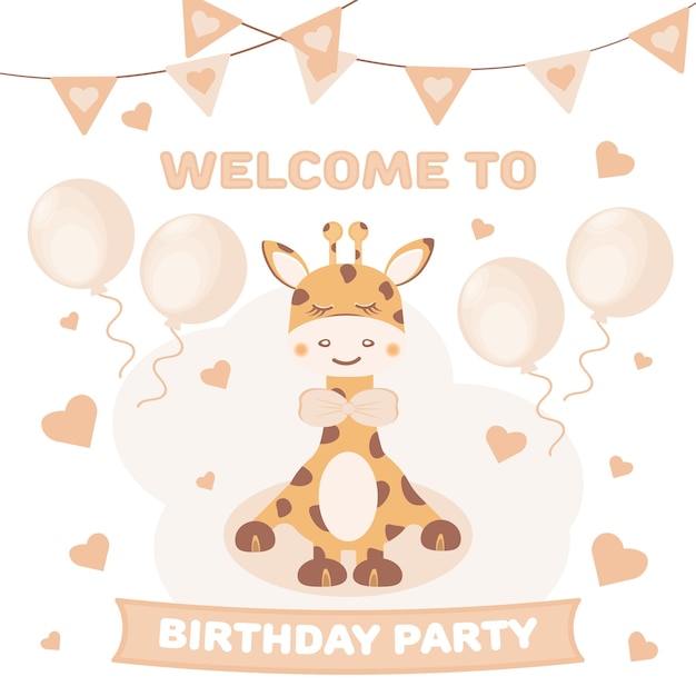 Joli petit garçon girafe. Invitation de carte d'anniversaire