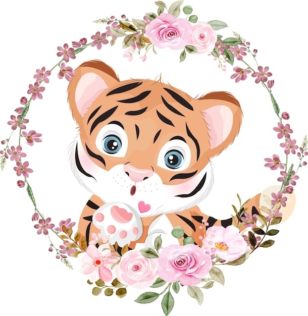 Joli Petit Tigre Avec Couronne De Fleurs