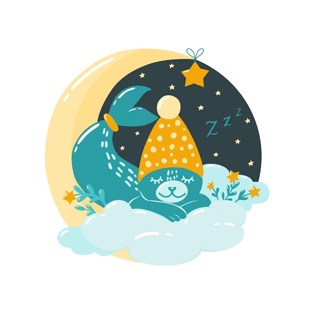 Un Joli Phoque Dort Sur La Lune. Illustration Pour Enfants Dans Le Style Scandinave. Décor De Chambre. Vecteur.