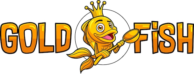 Joli Poisson D'or Ou Personnage De Dessin Animé De Poisson Rouge Avec Couronne Tenant Une Création De Logo De Cuillère