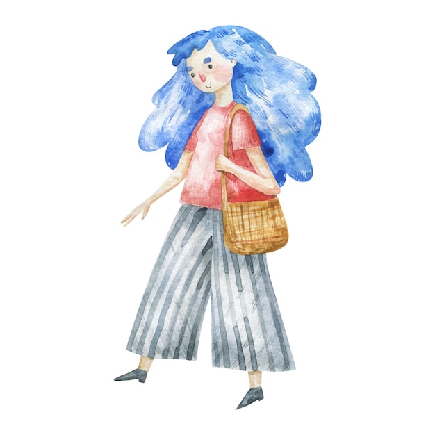Joli portrait féminin une fille dans un pull rose pantalon rayé et avec un sac shopper et des cheveux bleus