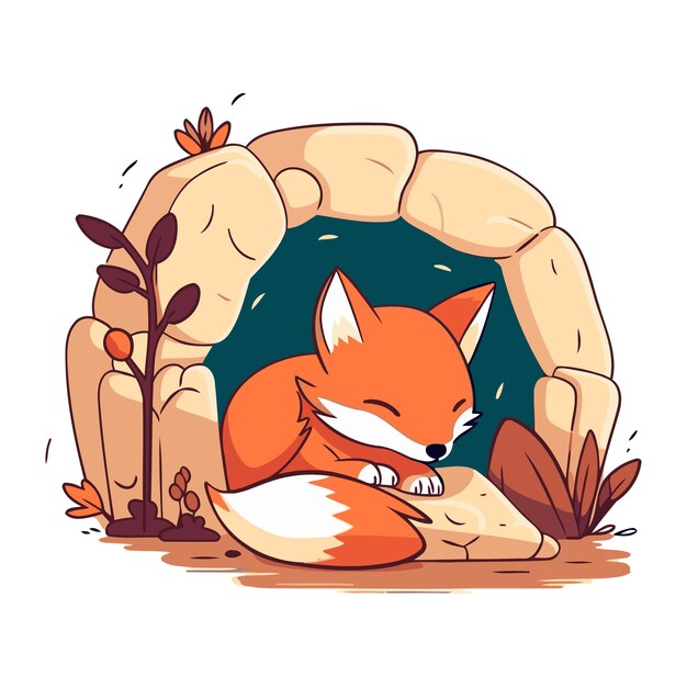 Un joli renard qui dort dans la grotte Illustration vectorielle en style dessin animé