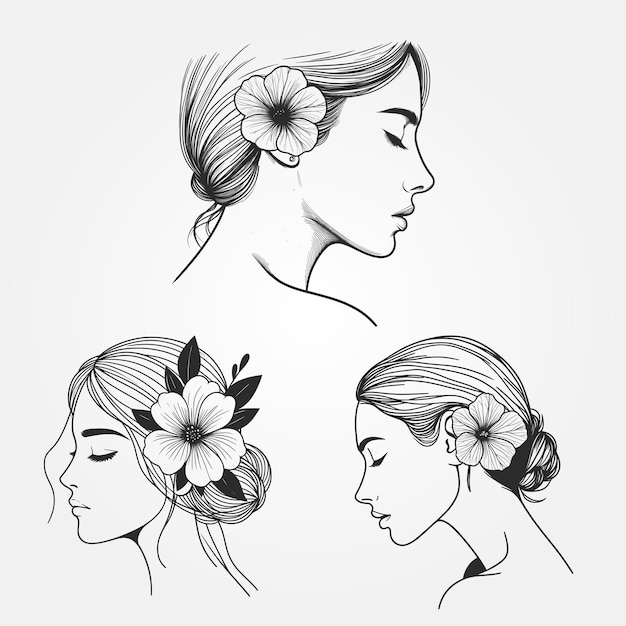 Vecteur joli visage féminin avec une vue latérale de fleur, collection d'illustrations vectorielles dessinées à la main