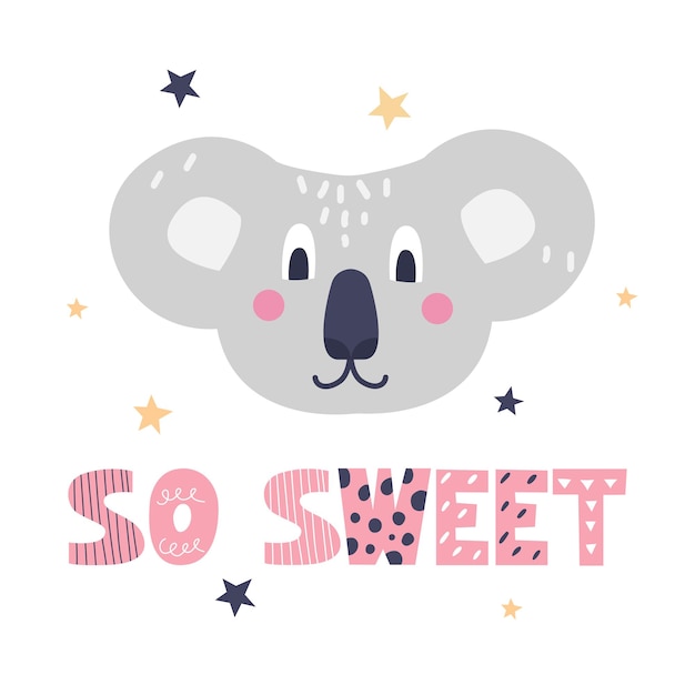 Vecteur joli visage de koala avec des étoiles et des lettres à la main si doux dans le style doodle illustration vectorielle