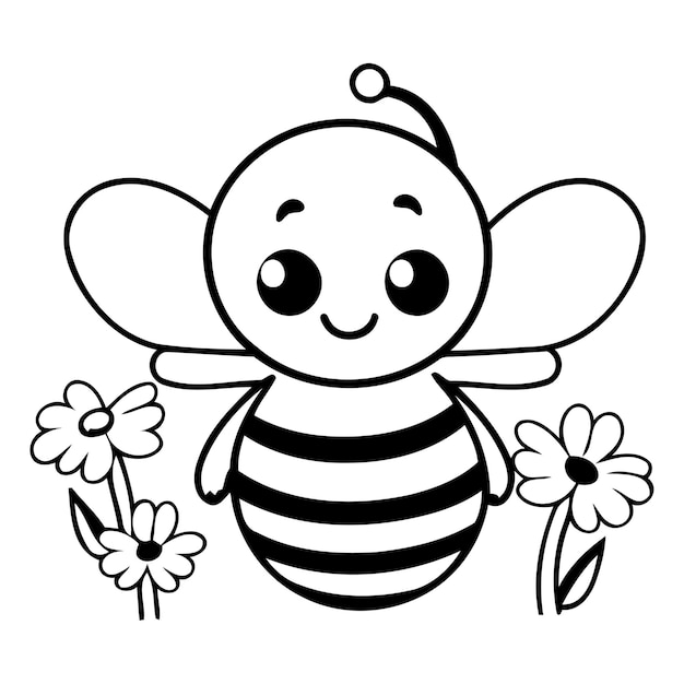 Vecteur une jolie abeille de dessin animé avec des fleurs illustration vectorielle en style plat