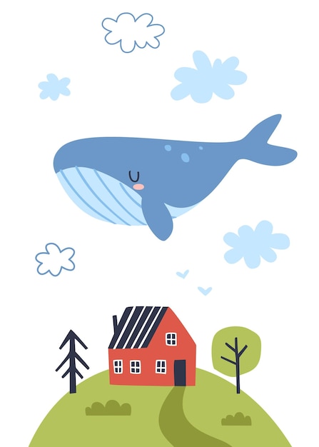 Jolie Baleine Bleue Volant Dans Le Ciel Au-dessus De La Petite Maison.