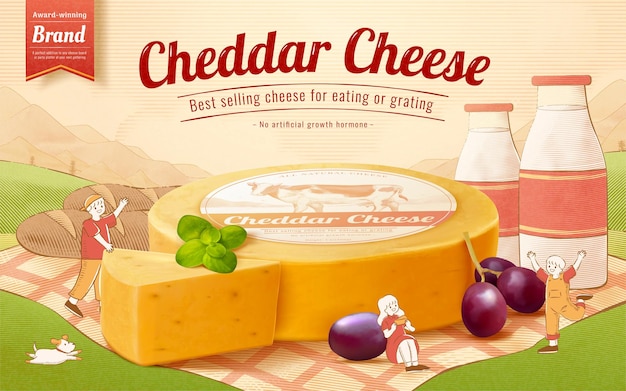 Vecteur jolie bannière publicitaire de fromage cheddar 3d