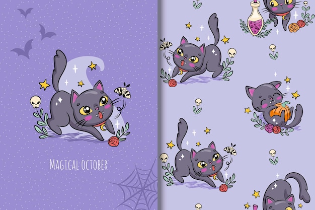 Vecteur jolie carte de chat d'halloween et motif sans couture illustration effrayante pour une saison effrayante