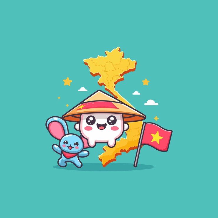 Vecteur une jolie carte du vietnam, une illustration d'icône vectorielle de dessin animé, une icône de vacances d'animaux, un concept isolé.