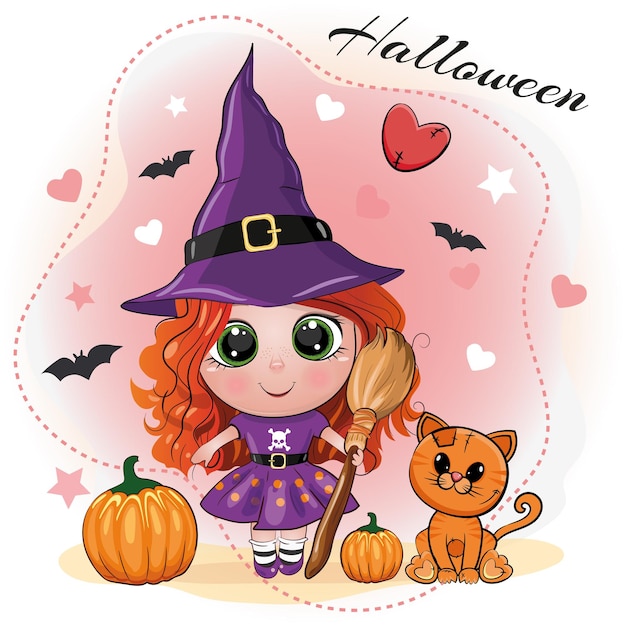 Jolie carte d'Halloween avec une fille rousse dans un chapeau de sorcière avec un balai à la main avec des citrouilles