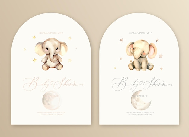 Une jolie carte d'invitation à l'aquarelle avec un éléphant en peluche et des étoiles.