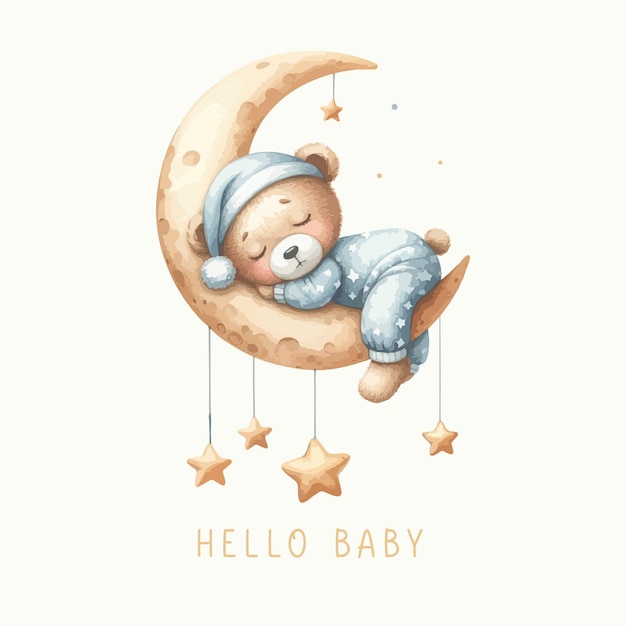 Une Jolie Carte D'invitation à L'aquarelle Pour La Fête Du Bébé Avec Un Ours Endormi Sur La Lune Et Le Nuage